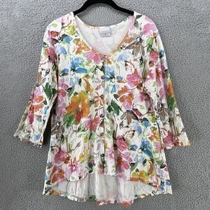 CMC By Color Me Cotton Tunic Blouse Womens M Multicolor Floral 3/4 Sleeve